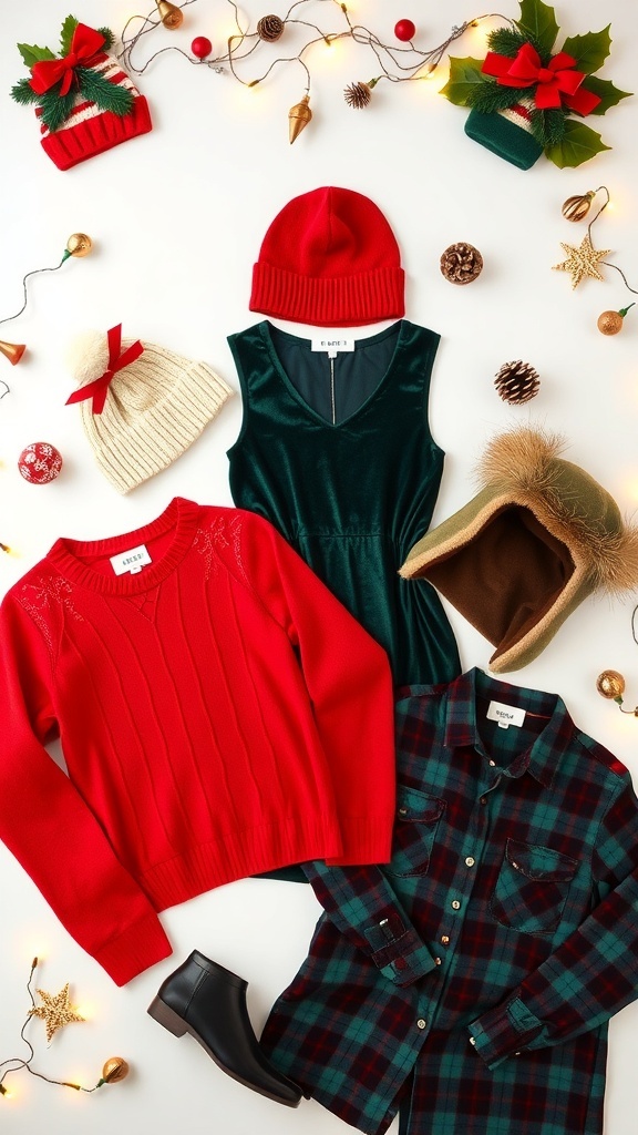 Stylish Christmas Outfit Ideas with Aesthetic Hats Flat lay of Christmas outfits with aesthetic hats, including sweaters, dresses, and festive decorations.